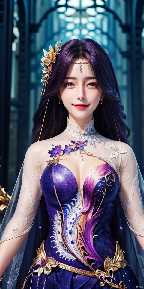 (masterpiece, top quality, best quality, official art, beautiful and aesthetic:1.2), (1girl), extreme detailed,(fractal art:1.3),colorful,highest detailed,Dreamy Atmosphere,Bright color,Complete clothes., ((poakl)), , yunxi,purple hair, sunyi,kind smile,Dynamic pose