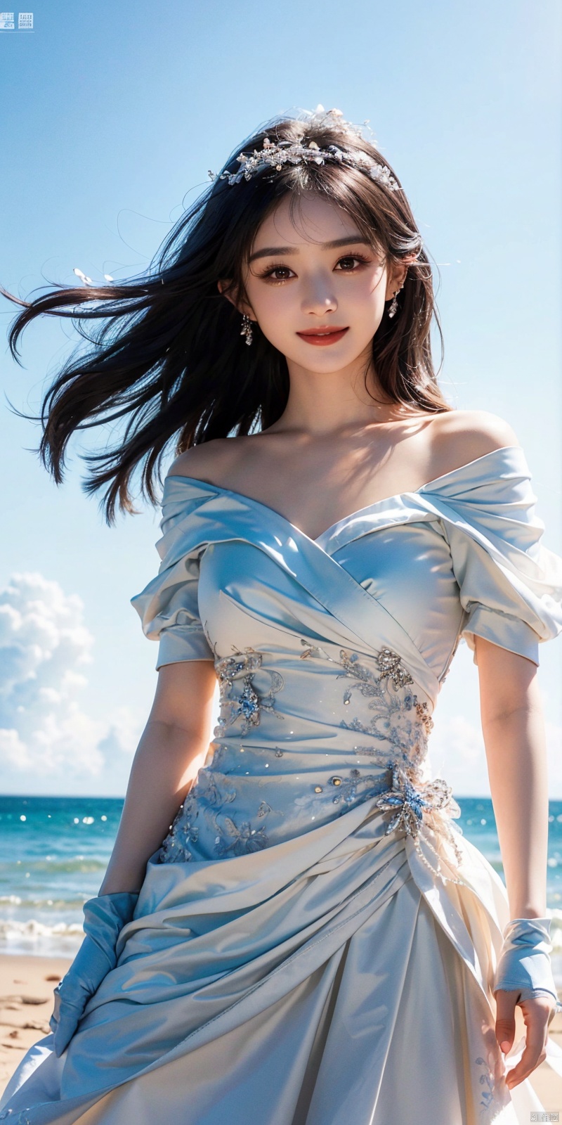  best quality, masterpiece, cowboy_shot,(Good structure), DSLR Quality,Depth of field,kind smile,looking_at_viewer,Dynamic pose, 
, Blue sky and white clouds on the beach,Masterpiece, (ultra wide angle lens: 1.2), Unity8k wallpaper, best quality, (detail shadow: 1.1), a beautiful girl, on a sea of light blue silk, translucent silk, floating light blue silk, surrealist style, minimalism, highly detailed texture, light blue, white clean background, CG rendering, light passing through clouds, 8k resolution, (motion photo: 1.2), (Fidelity: 1.4), original photos, movie lighting, 1girl,, ,,kind smile, , weddingdress, , zhaoliying