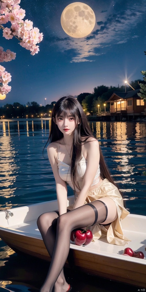  A young girl lying comfortably on a boat, looking up at the starry night sky filled with colorful flowers surrounding the boat, reflecting the bright moon on the lake surface, distant cherry blossom scenery in the background, medium and long distance view, deep depth of field, detailed details. High resolution image, vivid colors, dreamy atmosphere, romantic scene, beautiful night sky, blooming flowers, reflection of the moon on the lake, distant cherry blossoms, serene environment, peaceful mood, starry sky, flower decoration, boat ride, comfortable position, young girl's innocence, tranquility., eluosi, blackpantyhose, qiqiu, fangfang