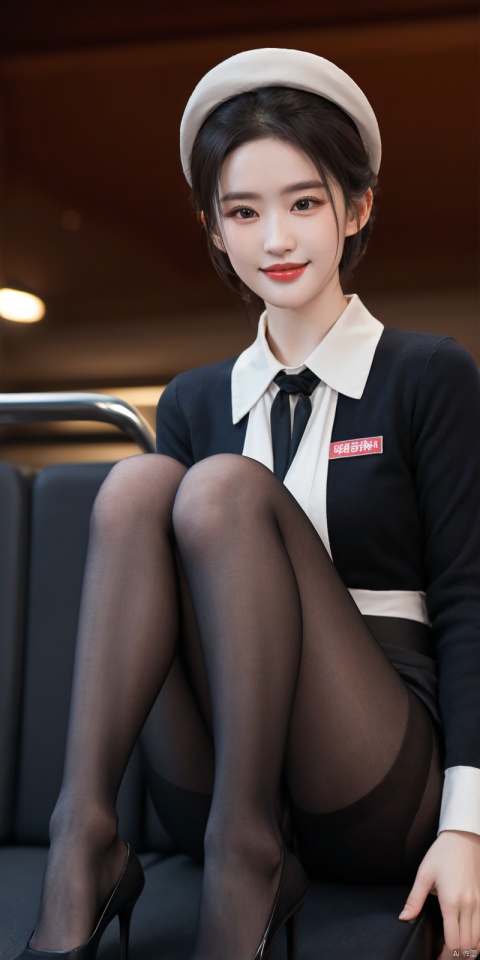 best quality, masterpiece, realistic, ,(Good structure), DSLR Quality,Depth of field,kind smile,looking_at_viewer,Dynamic pose, 
 Stewardess, updo, black pantyhose, high heels, sit down, terminal,garrison cap, 1 girl, liuyifei