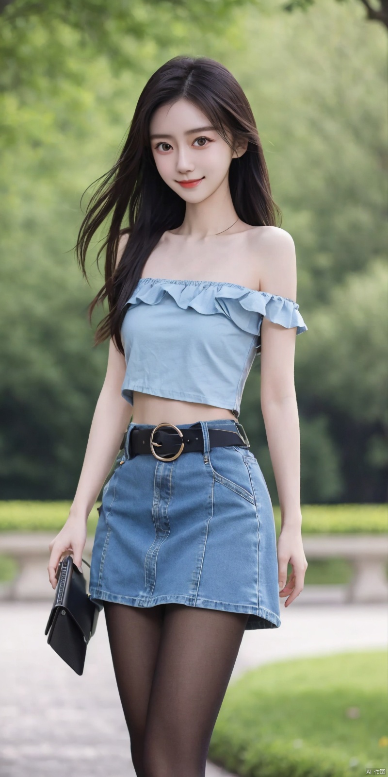  best quality, masterpiece, full_body,(Good structure), DSLR Quality,Depth of field,kind smile,looking_at_viewer,Dynamic pose,
 1girl, 3d, bare_shoulders, belt, blurry, blurry_background, blurry_foreground, branch, , , , collarbone, cosplay_photo, denim, denim_skirt, depth_of_field, , lips, long_hair, looking_at_viewer, midriff, miniskirt, motion_blur, navel, outdoors, photo_\(medium\), realistic, skirt, solo, standing, tree, , , , blackpantyhose, , , , , , angel