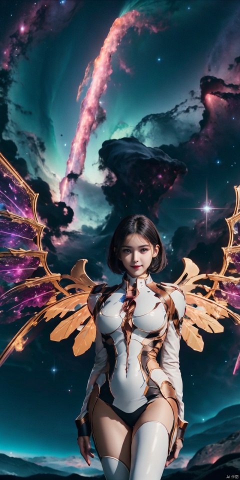  (Good structure), DSLR Quality,Depth of field,kind smile,looking_at_viewer,Dynamic pose, 1girl, wings, solo, nebula wings, , , navel, dress, pink wings, looking at viewer, star \(sky\), , , bare shoulders, sky, starry sky, collarbone, realistic, nebula, ((poakl)), short_hair, jiqing