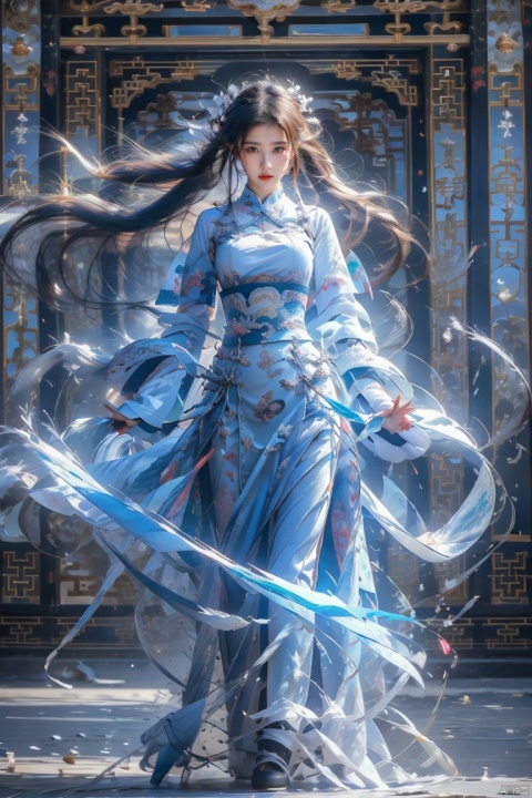  1 girl, solo, (upper body) female focal point, (Hanfu) (kimono) (skirt), blue long hair, (Chinese clothing) (blue eyes) (bright pictures) red lips, bangs, earrings, kimono, Chinese cardigan, print, tassels, (front view) (front view), sword (straight sword)
Elemental Whirlwind, Chinese Dragon_ Imagination__ Cloud winding_ Huoyun_ Dragon, Chinese architecture.
(Masterpiece), (very detailed CG Unity 8K wallpaper), the best quality, high-resolution illustrations, stunning, highlights, (best lighting, best shadows, a very exquisite and beautiful), (enhanced)·, liuyifei