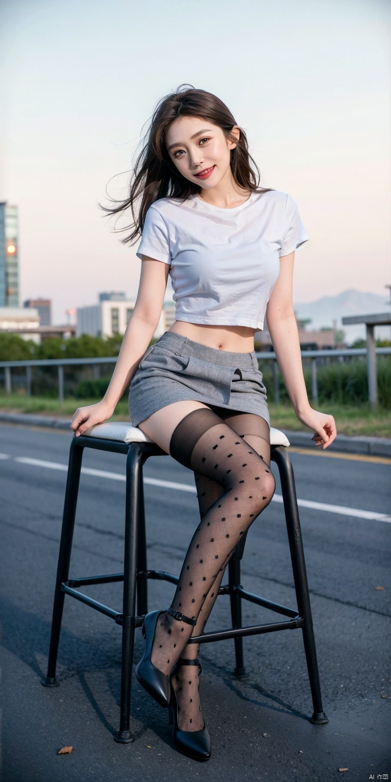  (Good structure),cowboy_shot, DSLR Quality,Depth of field ,looking_at_viewer,Dynamic pose, , kind smile,,（midynight, Acura, 8K, tmasterpiece： 1.3）, outdoor,cowboy_shot,
full bodyesbian, long leges, Focalors： 1.2, perfect figure beautiful woman： 1.4, Slim abs： 1.1, , （Light purple skinny T-shirt, short  skirt,sitting on a stool： 1.2）, （city , the roof： 1.3））, Highly Detailed Face andSkinTextur,detailedeyes,, blackpantyhose, polkadot,printlegwear,argylelegwear,1girl,high heels,,,thighhighs, , Detail,, 1girl, , , aomei