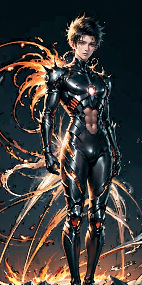  asuo,1boy,male focus,solo,bodysuit,full body,looking at viewer,white background,wind,fire,electricity,black hair,glowing,black bodysuit,clenched hands,spiked hair,standing,simple background,short hair,gloves, cyborg, ((poakl)), Light master, Detail