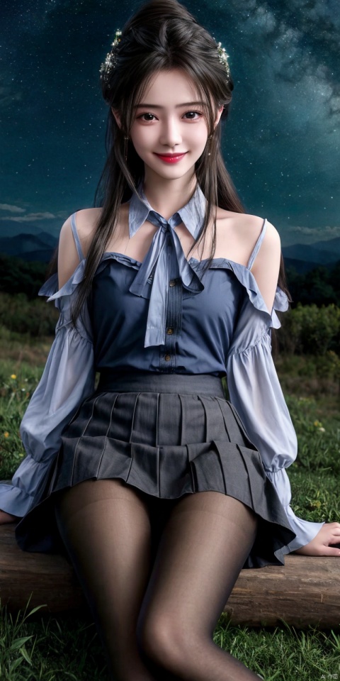  best quality, masterpiece, ,(Good structure), DSLR Quality,Depth of field,kind smile,looking_at_viewer,Dynamic pose, realistic ,
On the mountaintop, you can see the starry sky, and a beautiful girl is sitting on the grass. It is a masterpiece of a master, with stunning beauty, eye close-up, natural beauty, long legs, and short skirt, ,blackpantyhose,  , limuwan
