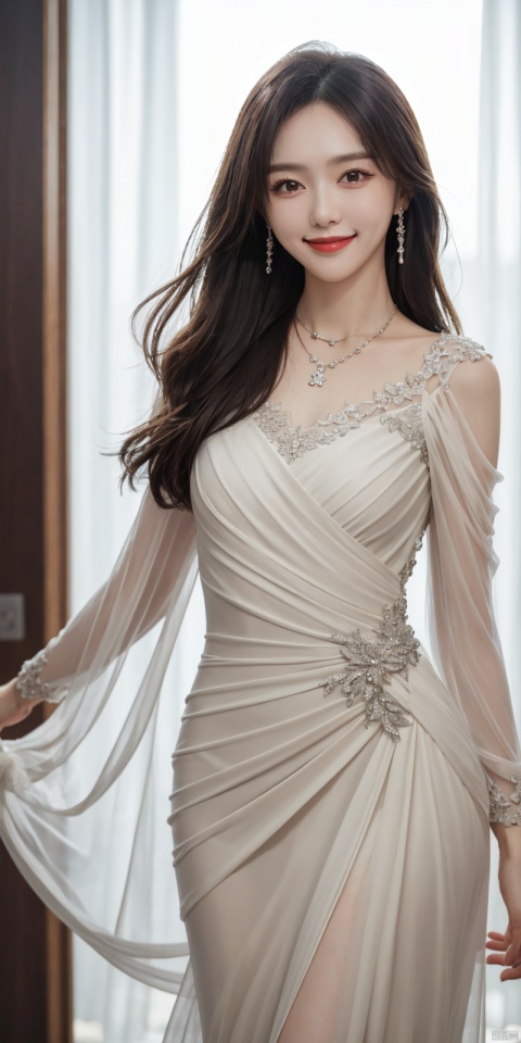  best quality, masterpiece, full_body,(Good structure), DSLR Quality,Depth of field,kind smile,looking_at_viewer,Dynamic pose, 
tangyan, 1girl, solo, jewelry, dress, long hair, realistic, necklace, black hair, ring, lips, looking at viewer, white dress