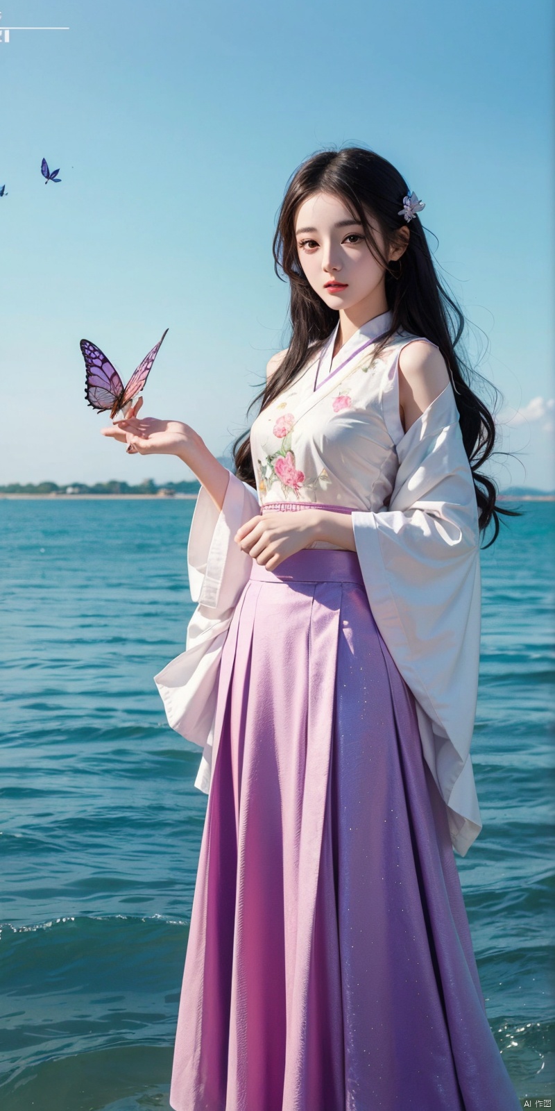  line art,line style,as style,best quality,masterpiece, The image features a beautiful anime-style illustration of a young woman. She has long black hair and is dressed in a traditional Chinese outfit. The outfit consists of a white top with blue and purple accents, a long skirt, and a butterfly-shaped mirror in her hand. She stands against a backdrop of a clear blue sky and a body of water, with butterflies fluttering around her. AI painting pure tag structure: anime, art, illustration, traditional clothes, blue, white, long hair, black hair, butterfly, mirror, sky, water, dililengba