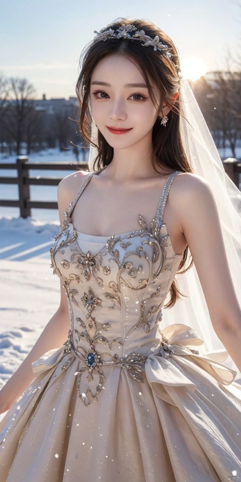  (Good structure),cowboy_shot, DSLR Quality,Depth of field ,looking_at_viewer,Dynamic pose, , kind smile,,  Snow, sunset
 , weddingdress, , , , , ,  dililengba