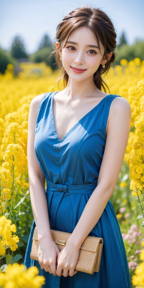 cowboy_shot,(Good structure),standing in a sea of rapeseed flowers, charming eyes, kind smile, surrounded by blooming yellow rapeseed flowers, forming a beautiful picture, high quality picture, full HD picture, 8K resolution, photorealistic, intricate details, sharp focus, vibrant colors, Depth of field,
concept art, artwork., blue dress,  1girl, ((poakl)), nazha
