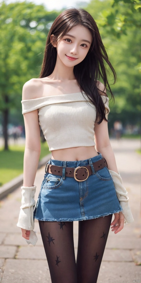  best quality, masterpiece, cowboy_shot,(Good structure), DSLR Quality,Depth of field,kind smile,looking_at_viewer,Dynamic pose,
 1girl, 3d, bare_shoulders, belt, blurry, blurry_background, blurry_foreground, branch, , , , collarbone, *******_photo, denim, denim_skirt, depth_of_field, , lips, long_hair, looking_at_viewer, midriff, miniskirt, motion_blur, navel, outdoors, photo_\(medium\), realistic, skirt, solo, standing, tree, , , , blackpantyhose, , , , , , lianmo