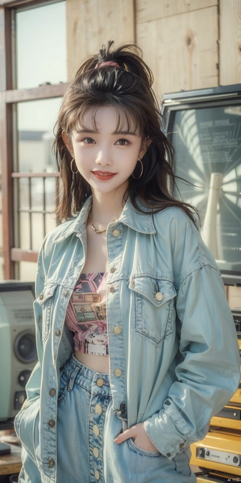  80sDBA style, fashion, (magazine: 1.3), (cover style: 1.3),Best quality, masterpiece, high-resolution, 4K, 1 girl, smile, exquisite makeup,shirt,jean,jacket , lace, tv,boombox
,, , , qiushuzhen