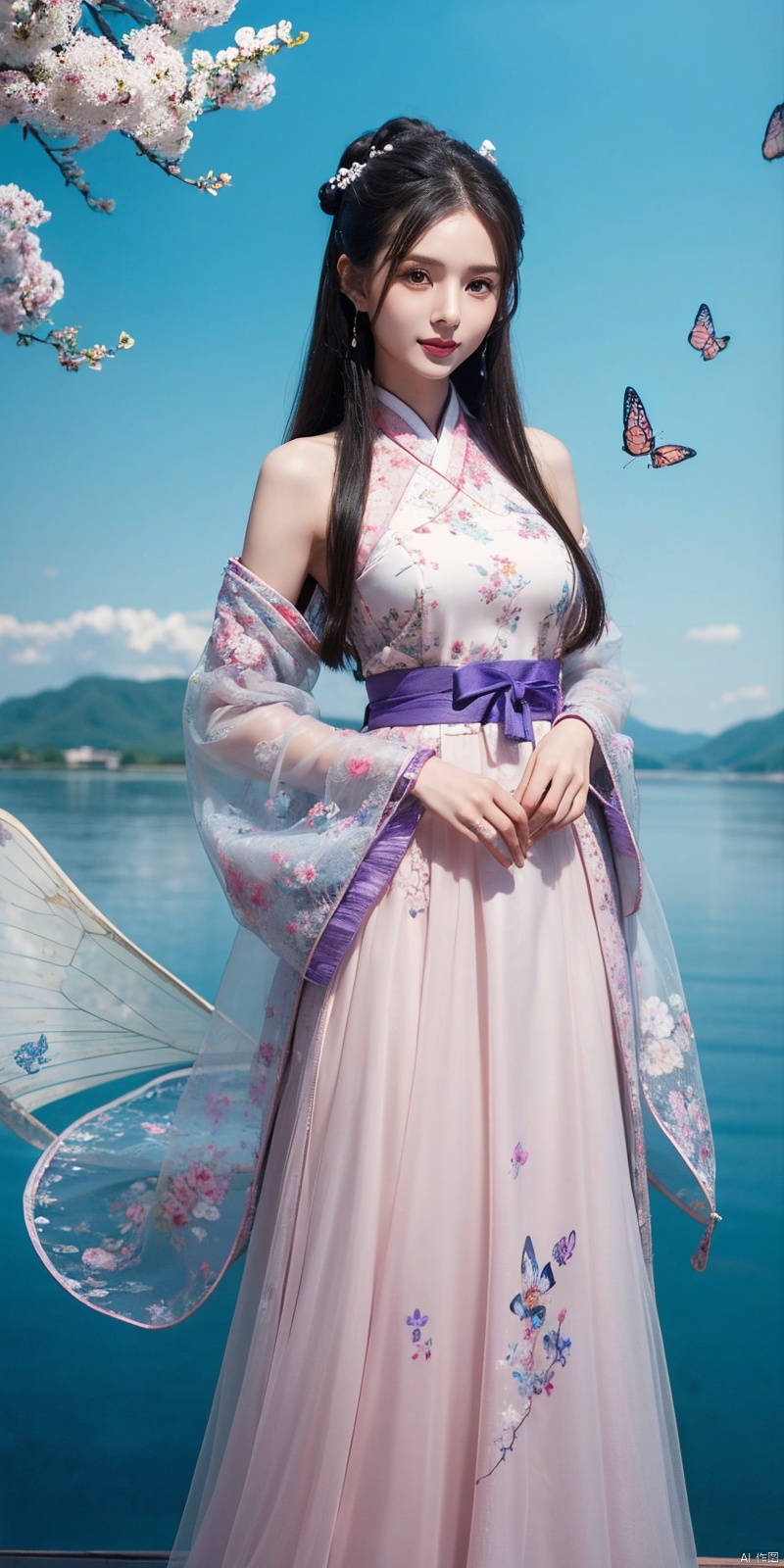  best quality, masterpiece, (cowboy_shot),(Good structure), DSLR Quality,Depth of field,kind smile,looking_at_viewer,Dynamic pose, line art,line style,as style,best quality,masterpiece, The image features a beautiful anime-style illustration of a young woman. She has long black hair and is dressed in a traditional Chinese outfit. The outfit consists of a white top with blue and purple accents, a long skirt, and a butterfly-shaped mirror in her hand. She stands against a backdrop of a clear blue sky and a body of water, with butterflies fluttering around her. AI painting pure tag structure: anime, art, illustration, traditional clothes, blue, white, long hair, black hair, butterfly, mirror, sky, water, , chineseclothes, , liruotong