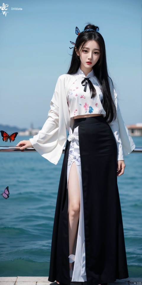  line art,line style,as style,best quality,masterpiece, The image features a beautiful anime-style illustration of a young woman. She has long black hair and is dressed in a traditional Chinese outfit. The outfit consists of a white top with blue and purple accents, a long skirt, and a butterfly-shaped mirror in her hand. She stands against a backdrop of a clear blue sky and a body of water, with butterflies fluttering around her. AI painting pure tag structure: anime, art, illustration, traditional clothes, blue, white, long hair, black hair, butterfly, mirror, sky, water, dililengba
