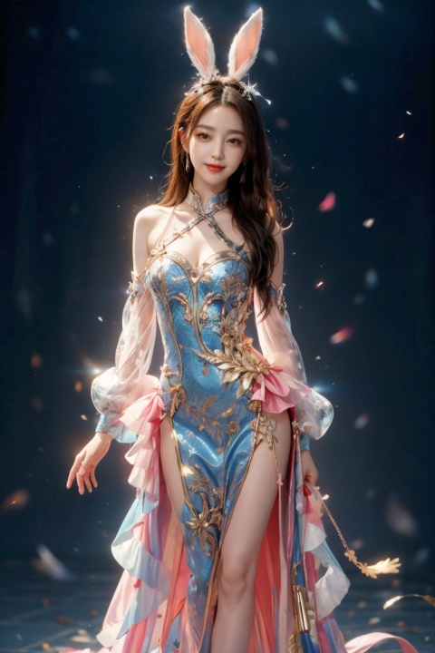 fullbody,1girl,(best quality), Nine-headed body,Flattering figure, Masterpiece, best quality, ultra detailed, fine details, ultra high resolution,real skin,white and blue,red lips,Very tight gelcoat,,long leg,Gold and silver, Bunny Girl dress, 
xiaowu,looking_at_viewer,kind smile