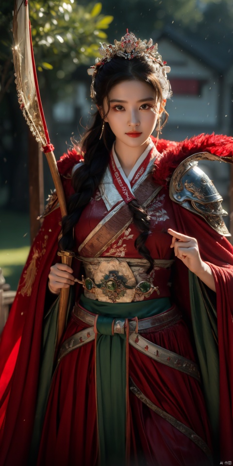 best quality, masterpiece, realistic,cowboy_shot,(Good structure), DSLR Quality,Depth of field,kind smile,looking_at_viewer,Dynamic pose, 
, 1girl,Wearing a jade crown, shining silver armor, a. Treading towards the sky with   tendon boots; Wearing a crimson cloak on her shoulders, carrying a three foot green blade on her waist, and carrying an iron tire bow on her back, coupled with her tall figure and resolute expression,Facing the camera, liuyifei,  