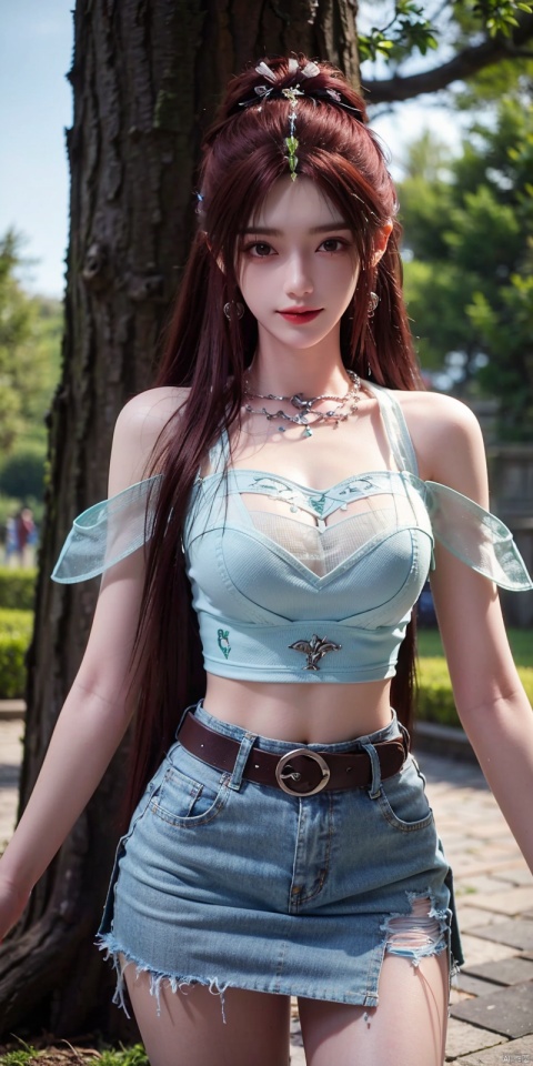  best quality, masterpiece, cowboy_shot,(Good structure), DSLR Quality,Depth of field,kind smile,looking_at_viewer,Dynamic pose,
 1girl, 3d, bare_shoulders, belt, blurry, blurry_background, blurry_foreground, branch, , , , collarbone, cosplay_photo, denim, denim_skirt, depth_of_field, , lips, long_hair, looking_at_viewer, midriff, miniskirt, motion_blur, navel, outdoors, photo_\(medium\), realistic, skirt, solo, standing, tree, , , , yeqinxian