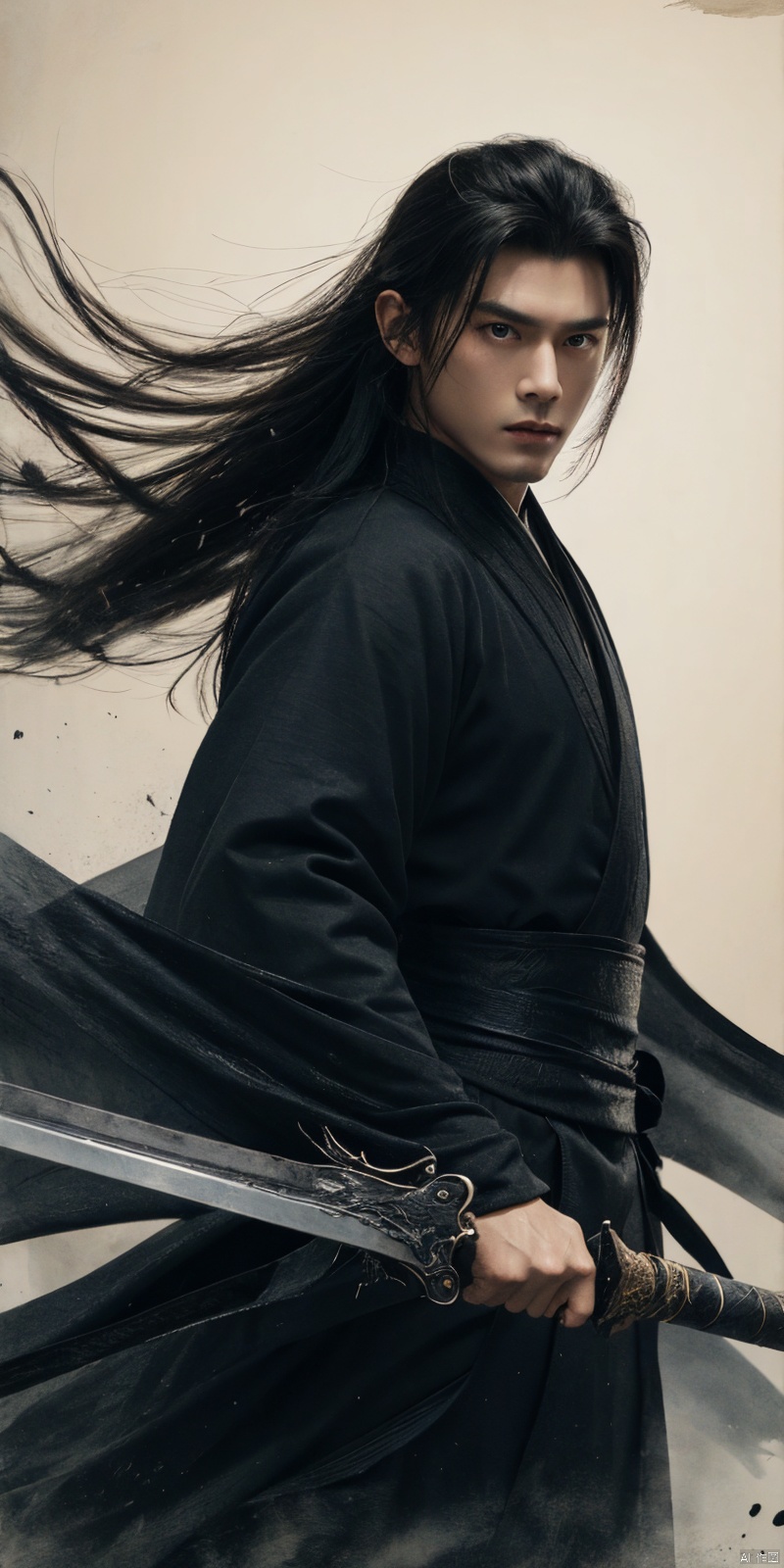  sdmai, wuxia, Chinese ink painting, artistic ink painting, Chinese martial arts films, wearing black robes, fighting posture, cinematic grandeur, splashing details, wild and powerful, solo, weapon, black hair, sword, long hair, male focus, looking at viewer, 1boy, scar, asuo, ((poakl)), 1girl