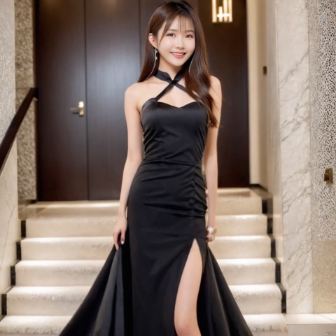  1girl,,complex background,beautiful background,,depth of field level,wangyushan,kind smile,looking_at_viewer,Dynamic pose,Black formal dress, long dress dress dress, high-end hotel long staircase, detailed details