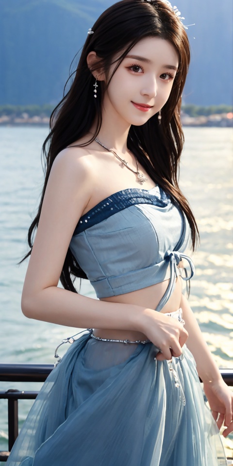  best quality, masterpiece, realistic,cowboy_shot,(Good structure), DSLR Quality,Depth of field,kind smile,looking_at_viewer,Dynamic pose, 
1girl, solo, long hair, , looking at viewer, skirt, hair ornament, bare shoulders, jewelry, , black hair, earrings, outdoors, midriff, water, necklace, lips, crop top, grey eyes, leaning forward, ocean, white skirt, strapless vest, sunset, sun, ,  , dress,blue dress, , hanikezi