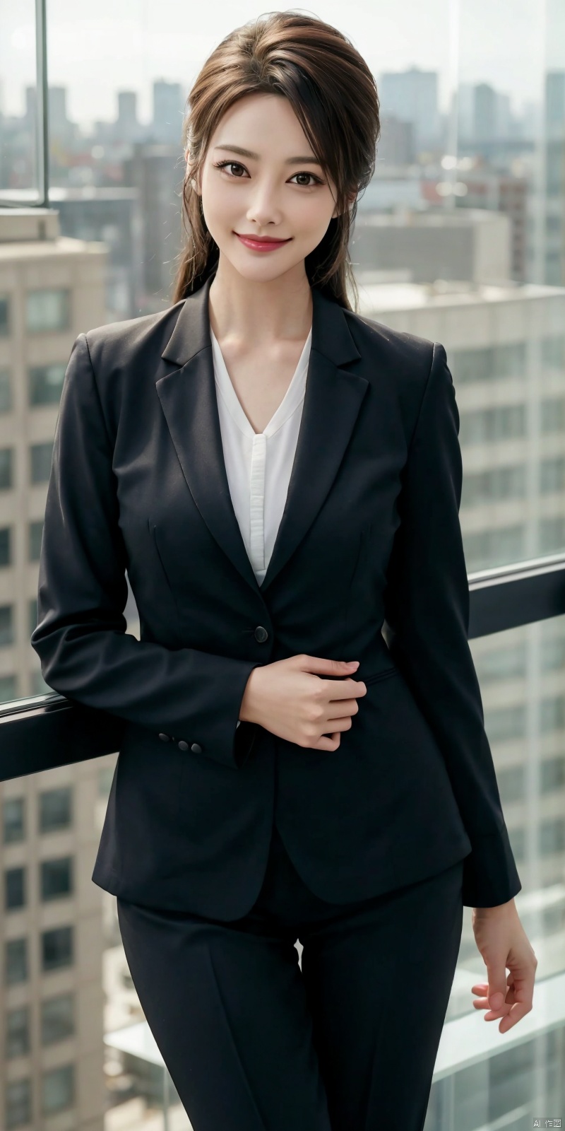  best quality, masterpiece, cowboy_shot,(Good structure), DSLR Quality,Depth of field,kind smile,looking_at_viewer,Dynamic pose, 
Modern businesswoman, dressed in a sleek suit and tie, posing confidently in a modern office setting, cityscape view through the window, focused expression, powerful pose, professional attire, realistic lighting, sharp focus.,lichun