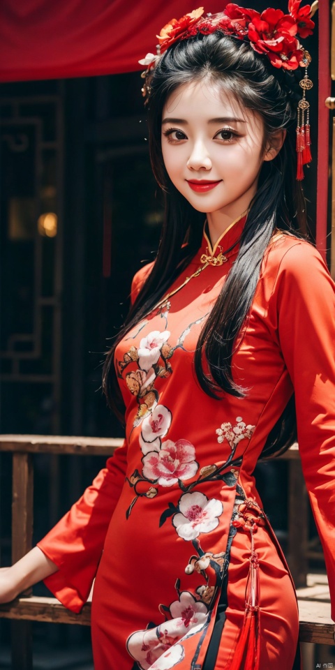  best quality, masterpiece, realistic, ,(Good structure), DSLR Quality,Depth of field,kind smile,looking_at_viewer,Dynamic pose, 
1girl, solo, long hair, 
,fengguanxiapei,dress,chinese clothes,red dress,traditional clothes, zhulin