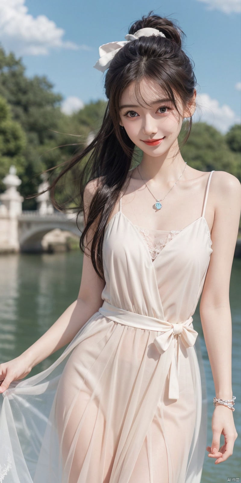  best quality, masterpiece, realistic, ,(Good structure), DSLR Quality,Depth of field,kind smile,looking_at_viewer,Dynamic pose, 
1girl, solo, long hair, , looking at viewer, blush, , bangs, blue eyes,, dress, bow, , bare shoulders, jewelry, very long hair, collarbone, ponytail, white hair, hair bow, thighs, outdoors, sky, sleeveless, day, cloud, water, necklace, white dress, hair over one eye, bracelet, blue sky, blue bow, wading, pendant, doll, skirt hold, rainbow, anastasia \(fate\), ,  , , angel