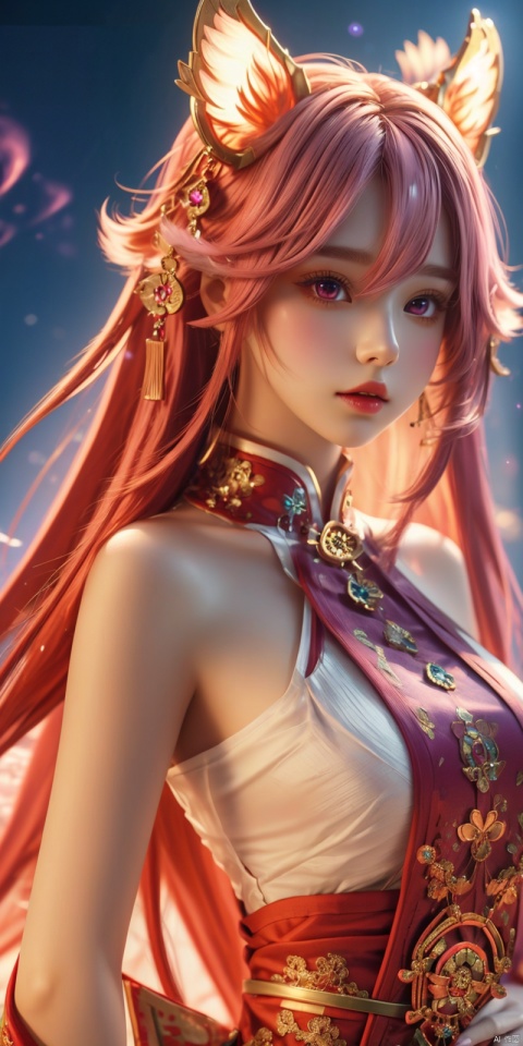  masterpiece, 1 girl, Look at me, Long hair, Flame, A magical scene, glowing, Floating hair, realistic, Nebula, An incredible picture, The magic array behind it, Stand, textured skin, super detail, best quality, ,,dress, ((poakl)), yae miko,purple eyes, pink hair, animal ears, bare shoulders, fox ears, heart, , long hair, , hair between eyes,pink hair