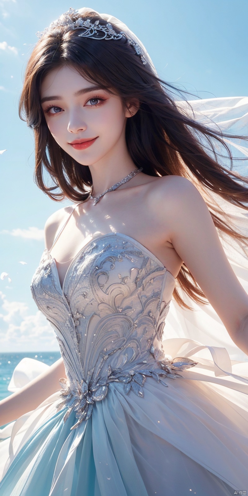 best quality, masterpiece, cowboy_shot,(Good structure), DSLR Quality,Depth of field,kind smile,looking_at_viewer,Dynamic pose, 
, Blue sky and white clouds on the beach,Masterpiece, (ultra wide angle lens: 1.2), Unity8k wallpaper, best quality, (detail shadow: 1.1), a beautiful girl, on a sea of light blue silk, translucent silk, floating light blue silk, surrealist style, minimalism, highly detailed texture, light blue, white clean background, CG rendering, light passing through clouds, 8k resolution, (motion photo: 1.2), (Fidelity: 1.4), original photos, movie lighting, 1girl,, ,,kind smile, , weddingdress, yuechan