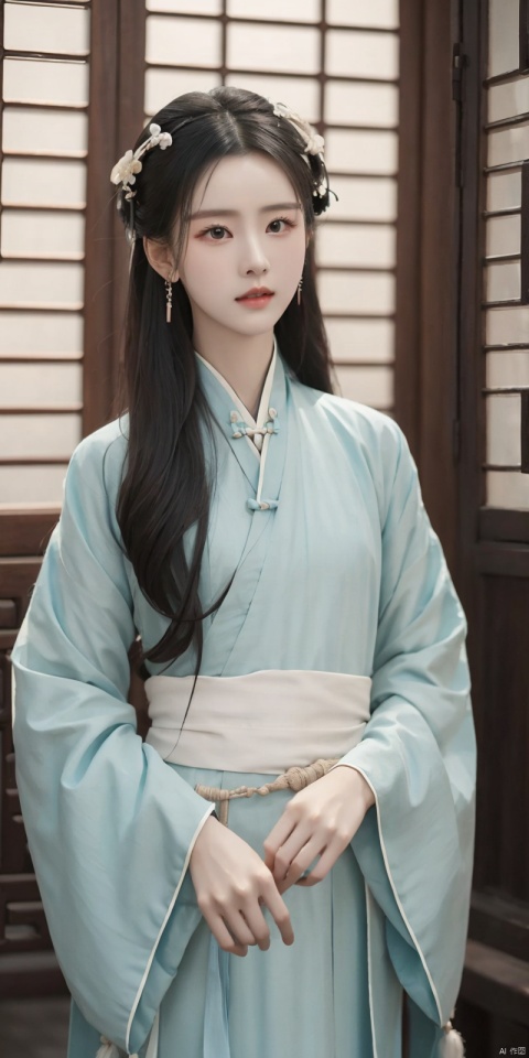 duling, 1girl, jewelry, solo, earrings, realistic, long hair, black hair, hair ornament, chinese clothes, hanfu