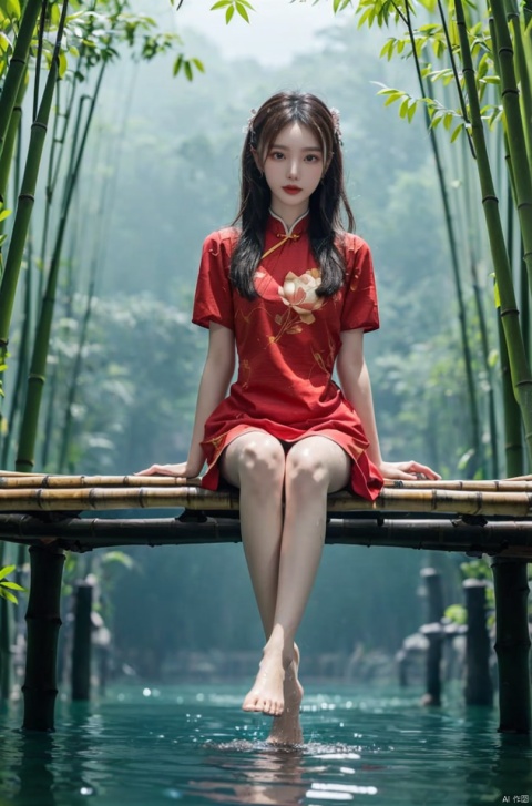  (sunlight, beautiful sky, floating hair, Fisheye lens lens, dynamic angle, distant view, panorama ,overlook,barefoot), ((Ancient_Chinese_architecture)), (short sleeves),with a combination of Morgan colors, Qiu Ying's painting style, And high end color matching, ((A beautiful girl sitting on a bamboo raft in the water, swimming downstream, Huge lotus, rain, (full body), aqua_china_dress)), (bright light,fantasy), ((spotted light)),1 girl, ((black hair, shy, blush)), Detail, , jinchen