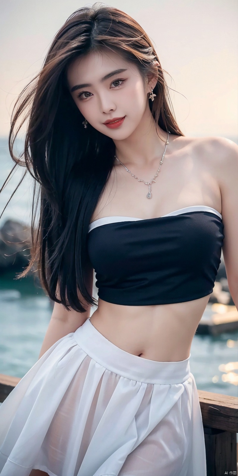  (Good structure),cowboy_shot, DSLR Quality,Depth of field ,looking_at_viewer,Dynamic pose, , kind smile,,
1girl, solo, long hair, , looking at viewer, skirt, hair ornament, bare shoulders, jewelry, , black hair, earrings, outdoors, midriff, water, necklace, lips, crop top, grey eyes, leaning forward, ocean, white skirt, strapless vest, sunset, sun, wangzuxian, molika