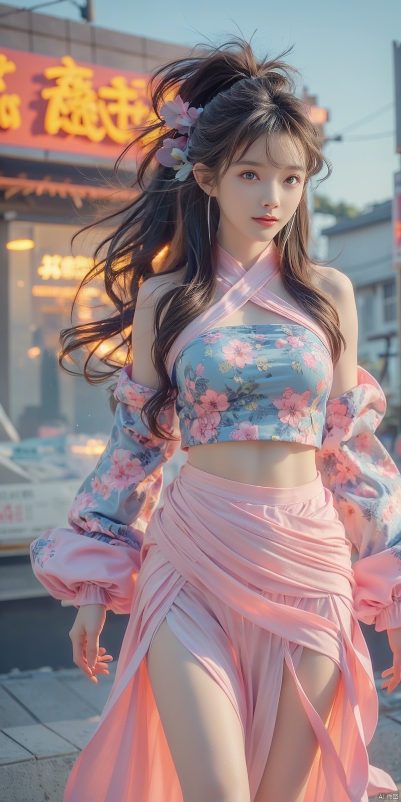  best quality, masterpiece, cowboy_shot,(Good structure), DSLR Quality,Depth of field,kind smile,looking_at_viewer,Dynamic pose, 
 Surrealism Dream Style,glowing neon color,RAW photo,at night,1girl,solo,sea,black hair,ponytail,looking at viewer,long hair,up,lips,sash,water splaashing,hair ornament,realistic,wide sleeves,hanfu,long dress,Semi transparent gauze skirt,surrealist,Best quality,masterpiece,ultra high res,Petal skirt,wind,flowers,bloom,Clouds,smoke,neon lights, 80sDBA style, 1 girl, , , wangyushan