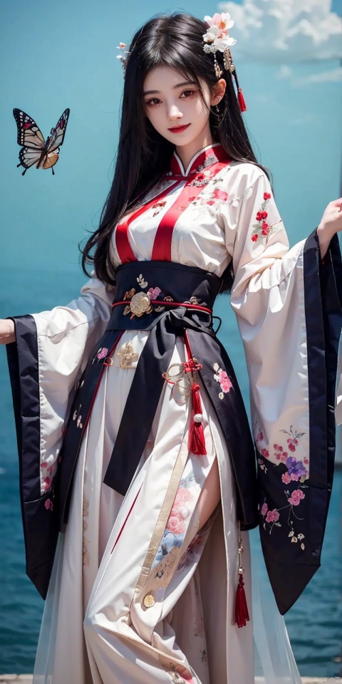  best quality, masterpiece, (cowboy_shot),(Good structure), DSLR Quality,Depth of field,kind smile,looking_at_viewer,Dynamic pose, line art,line style,as style,best quality,masterpiece, The image features a beautiful anime-style illustration of a young woman. She has long black hair and is dressed in a traditional Chinese outfit. The outfit consists of a white top with blue and purple accents, a long skirt, and a butterfly-shaped mirror in her hand. She stands against a backdrop of a clear blue sky and a body of water, with butterflies fluttering around her. AI painting pure tag structure: anime, art, illustration, traditional clothes, blue, white, long hair, black hair, butterfly, mirror, sky, water, , chineseclothes, , jujingyi