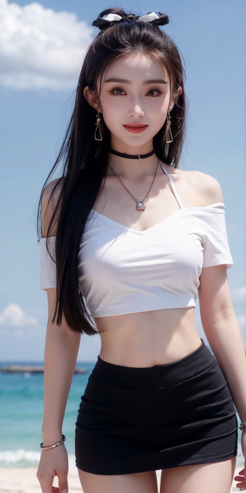  cowboy_shot,(Good structure), DSLR Quality,Short skirt,Blue sky, white clouds, ocean, nai3, 1girl, solo, crop top, , choker, navel, shirt, midriff, crop top overhang, looking at viewer, white shirt, jewelry, breasts, bare shoulders, off-shoulder shirt, off shoulder, black choker, thighs, stomach, long hair, bracelet, short sleeves, ribbon, hand up, collarbone, hair ribbon, medium breasts, , bra strap, , hair ornament, thigh gap, necklace, expressionless, , ,kind smile, ,  zhangmin
