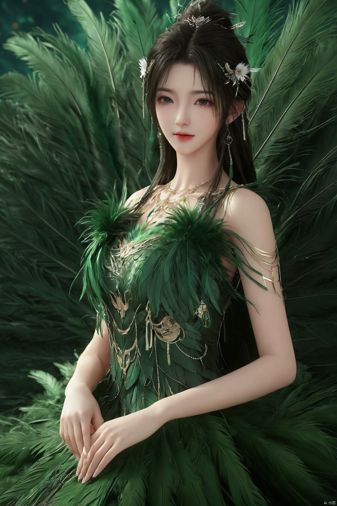  (Good structure),(realistic girl), DSLR Quality,Depth of field ,looking_at_viewer,Dynamic pose, 1girl,a gorgeous long dress made of feathers,green feather,huge feathers,complex background,beautiful background,(feathers everywhere:1.3),depth of field level,qingyi,kind smile,looking_at_viewer,Dynamic pose