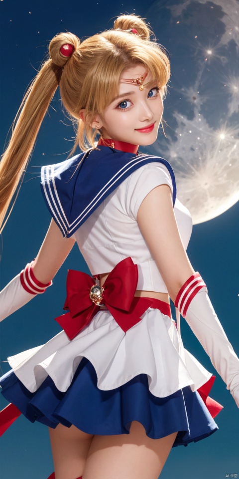 best quality, masterpiece, cowboy_shot,(Good structure), DSLR Quality,Depth of field,kind smile,looking_at_viewer,Dynamic pose, 
shuobingyue, 1girl, tsukino usagi, solo, sailor moon, long hair, blue sailor collar, sailor senshi uniform, sailor collar, magical girl, red bow, blonde hair, bow, skirt, boots, knee boots, twintails, red choker, gloves, choker, blue eyes, blue skirt, double bun, hair bun, white gloves, moon, elbow gloves, very long hair, back bow,