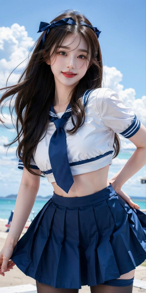 (Good structure), DSLR Quality,Depth of field,kind smile,looking_at_viewer,Dynamic pose,,
,Blue sky and white clouds on the beach,(high-detail skin) , 8K ultra-hd, , high quality, high resolution,(photo realistic: 1.3) 
, sailor senshi uniform,blue bow,blue necktie,blue sailor collar,blueskirt,black pantyhose, ,, 1girl,  zhangyuanying