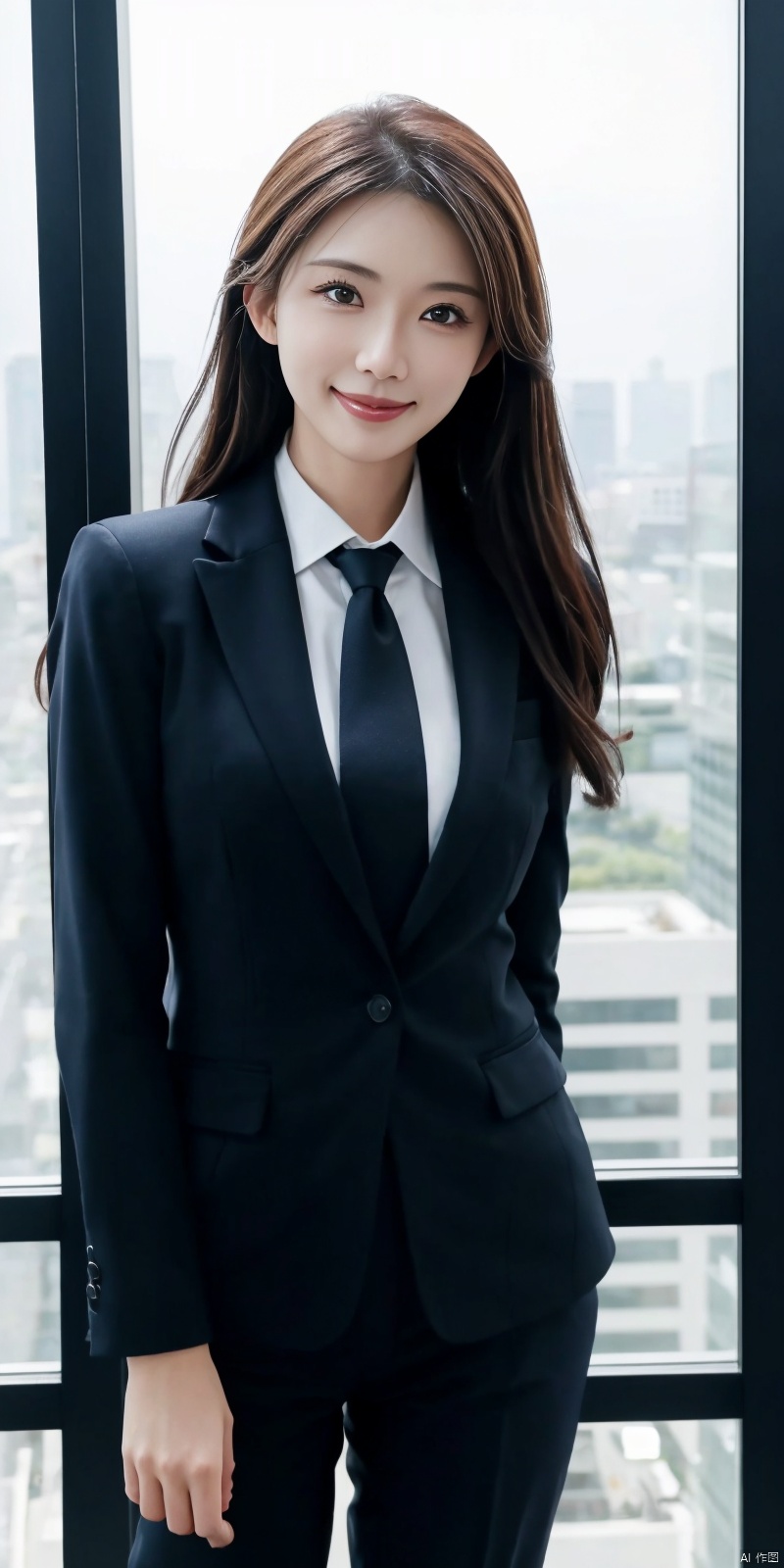  best quality, masterpiece, cowboy_shot,(Good structure), DSLR Quality,Depth of field,kind smile,looking_at_viewer,Dynamic pose, 
Modern businesswoman, dressed in a sleek suit and tie, posing confidently in a modern office setting, cityscape view through the window, focused expression, powerful pose, professional attire, realistic lighting, sharp focus.,linzhilin,