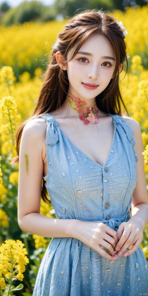 cowboy_shot,(Good structure),standing in a sea of rapeseed flowers, charming eyes, kind smile, surrounded by blooming yellow rapeseed flowers, forming a beautiful picture, high quality picture, full HD picture, 8K resolution, photorealistic, intricate details, sharp focus, vibrant colors, Depth of field,
concept art, artwork., blue dress,  1girl, ((poakl)), nazha
, 1girl