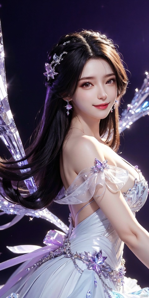  best quality, masterpiece, (Good structure),cowboy_shot, DSLR Quality,Depth of field ,looking_at_viewer,Dynamic pose, , kind smile,
1 girl,(Purple light effect),hair ornament,jewelry,looking at viewer, , dofas,(ultra-detailed crystallization),transparent crystals, , , , , , jiangli, 