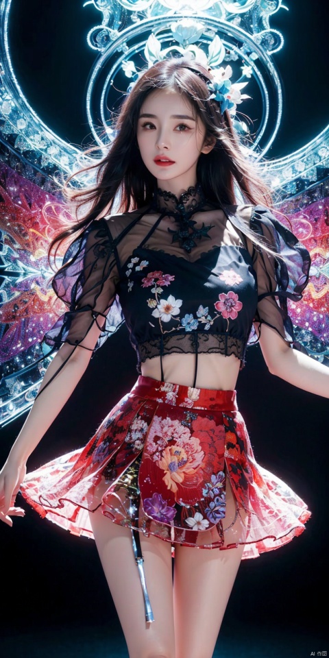(masterpiece, top quality, best quality, official art, beautiful and aesthetic:1.2),(1girl),upper body,extreme detailed,(fractal art:1.3),colorful,flowers,highest detailed,1 girl,glowing,skirt,shirt, Thighs, mimi