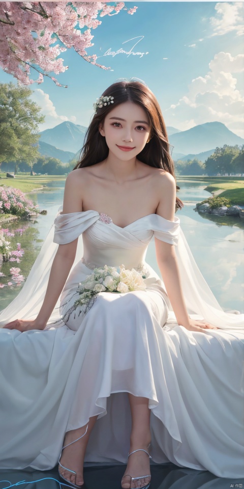 ,(Good structure), DSLR Quality,Depth of field,kind smile,looking_at_viewer,Dynamic pose,,
 best quality, masterpiece, illustration, (reflection light), incredibly absurdres, ((Movie Poster), (signature:1.3), (English text), 1girl, girl middle of flower, pure sky,clear sky, outside, collarbone, sitting, absurdly long hair, clear boundaries of the cloth, white dress, fantastic scenery, ground of flowers, thousand of flowers, colorful flowers, flowers around her, various flowers,bare shoulders,skirt, sandals,, , weddingdress, , , yuanyuan