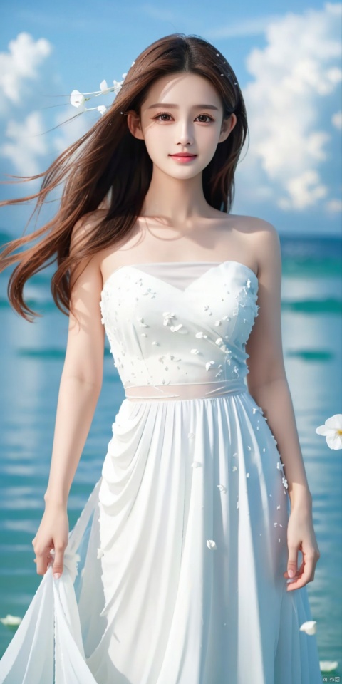  DSLR, depth of field, (1girl:1.2), , very long hair, low twintails, yellow eyes, light smile, looking at viewer, white shirt, white skirt, (flying white chiffon:1.5), bare shoulder, (flying blue petals:1.2), (standing above water surface), sky background, (cloud:1.2), white bird, floating water drops, (white border:1.2) , 
backlight, , jujingyi, taoist robe, ll-hd,(((large breasts)), depth of field,,  ((poakl)), litongqin