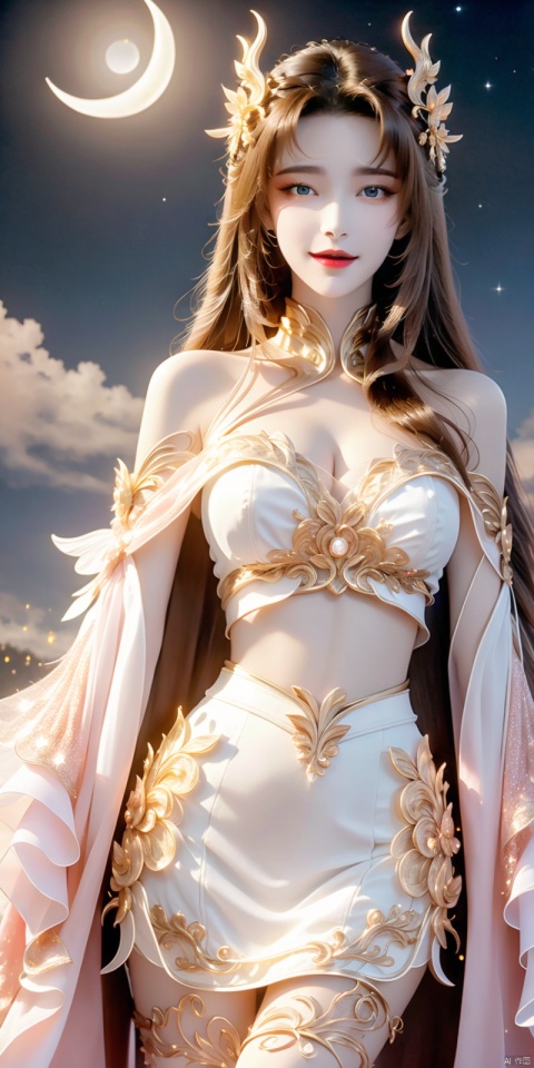 cowboy shot,(Good structure), DSLR Quality,Depth of field,kind smile,looking_at_viewer,Dynamic pose,,1girl, bare_shoulders, bug, butterfly, cleavage, cloud, crescent_moon, full_moon, hair_ornament, lips, long_hair, looking_at_viewer, medium_breasts, moon, moonlight, night, night_sky, red_lips, kneeling, sky, solo, star_\(sky\), starry_sky, sun,,,,  tianhu