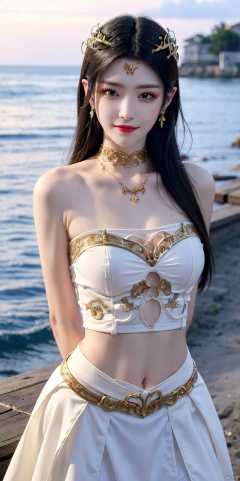  (Good structure),cowboy_shot, DSLR Quality,Depth of field ,looking_at_viewer,Dynamic pose, , kind smile,,
1girl, solo, long hair, , looking at viewer, skirt, hair ornament, bare shoulders, jewelry, , black hair, earrings, outdoors, midriff, water, necklace, lips, crop top, grey eyes, leaning forward, ocean, white skirt, strapless vest, sunset, sun, , , meidusha,  , weddingdress