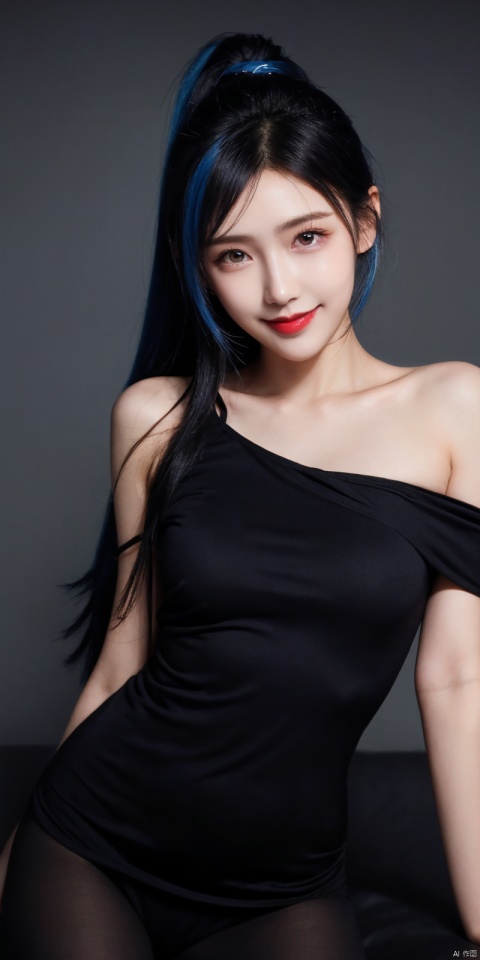 best quality, masterpiece, cowboy_shot,(Good structure), DSLR Quality,Depth of field,kind smile,looking_at_viewer,Dynamic pose, 
1girl, solo, long hair, breasts, blue eyes, Cyber City, bare shoulders, blue hair, collarbone,, , ponytail, multicolored hair, off shoulder, , lips, , headgear, red lips,tifa, blackpantyhose