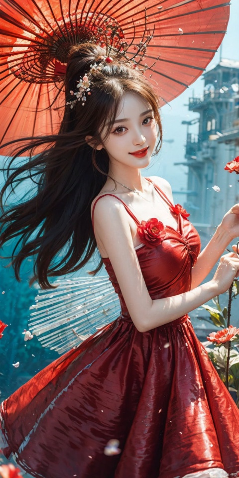  best quality, masterpiece, cowboy_shot,(Good structure), DSLR Quality,Depth of field,kind smile,looking_at_viewer,Dynamic pose, 
1 girl,(red light effect), ,hair ornament,jewelry,looking at viewer,flower,floating hair,water,underwater,air bubble,Flowers,petal,branch,submerged,long hair, ,, dress,, nazha, 