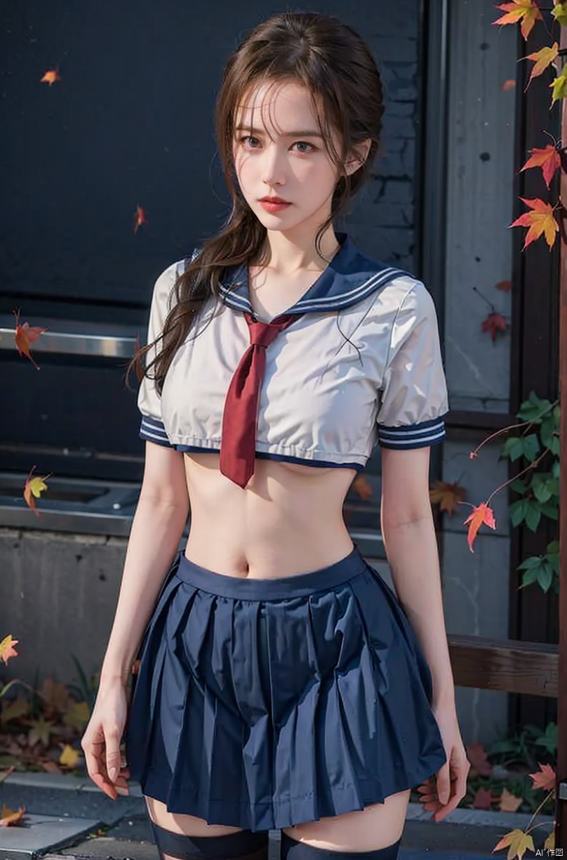  1girl, Autumn, fallen leaves, orange and red tone color,,
 pretty face, (photo realistic: 1.3) , Edge lighting, (high-detail skin) , 8K ultra-hd, DSLR, high quality, high resolution,(photo realistic: 1.3) 
,large breasts, (boobs naked:0.8), ,sailor senshi uniform,blue bow,blue necktie,blue sailor collar,blueskirt,black pantyhose, light master, Detail, , nike