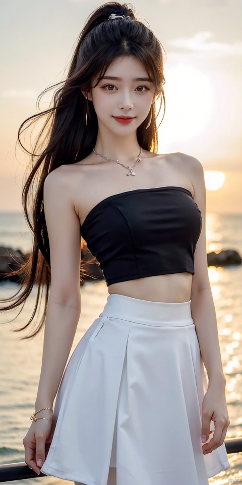  (Good structure),cowboy_shot, DSLR Quality,Depth of field ,looking_at_viewer,Dynamic pose, , kind smile,,
1girl, solo, long hair, , looking at viewer, skirt, hair ornament, bare shoulders, jewelry, , black hair, earrings, outdoors, midriff, water, necklace, lips, crop top, grey eyes, leaning forward, ocean, white skirt, strapless vest, sunset, sun, yuechan